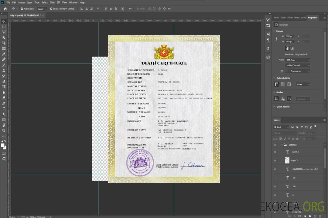 Modèle PSD de certificat de décès du Myanmar template